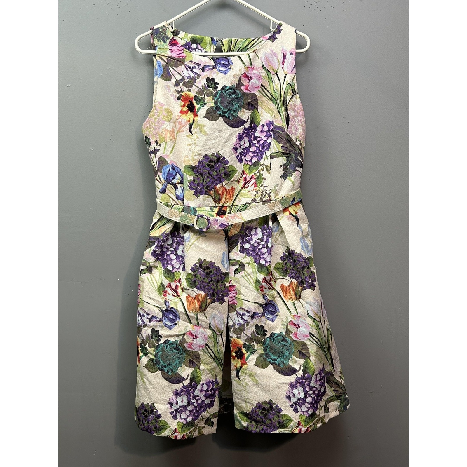 Gabby Skye Dress Womens 16 Multicolor Floral Sleeveless Belted Textured Pockets